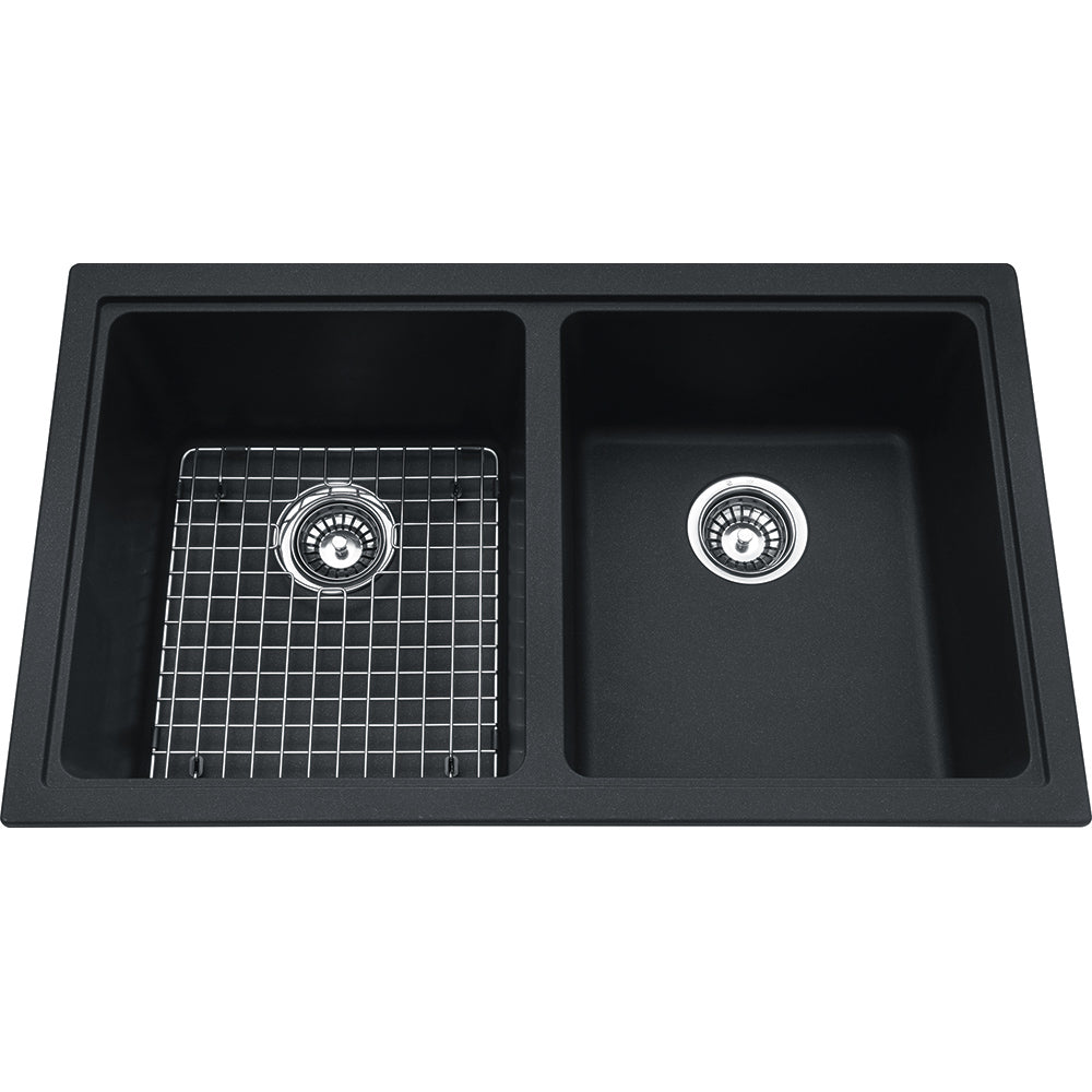 Kindred Mythos 33" x 19.37" Double Bowl Undermount Kitchen Sink With Bottom Grid and Waste Fittings Granite Onyx - Renoz