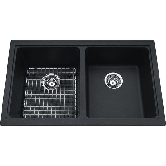 Kindred Mythos 33" x 19.37" Double Bowl Undermount Kitchen Sink With Bottom Grid and Waste Fittings Granite Onyx - Renoz