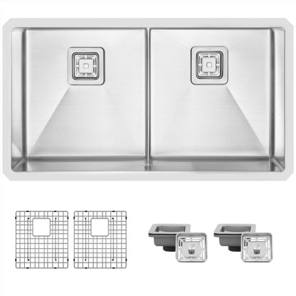 Stylish Spazio 33" x 18" Slim Low Divider Double Bowl Undermount Stainless Steel Kitchen Sink S-501XG - Renoz