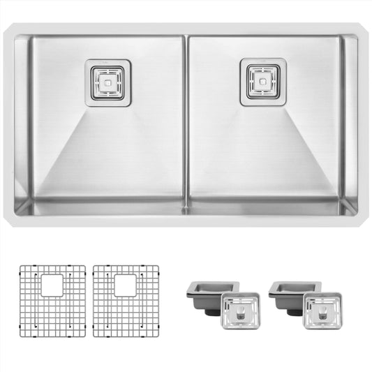 Stylish Spazio 33" x 18" Slim Low Divider Double Bowl Undermount Stainless Steel Kitchen Sink S-501XG - Renoz