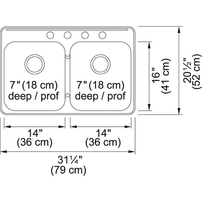 Kindred Steel Queen 31.25" x 20.5" Stainless Steel 4 Hole 20 Gauge Double Bowl Top Mount Kitchen Sink - Renoz