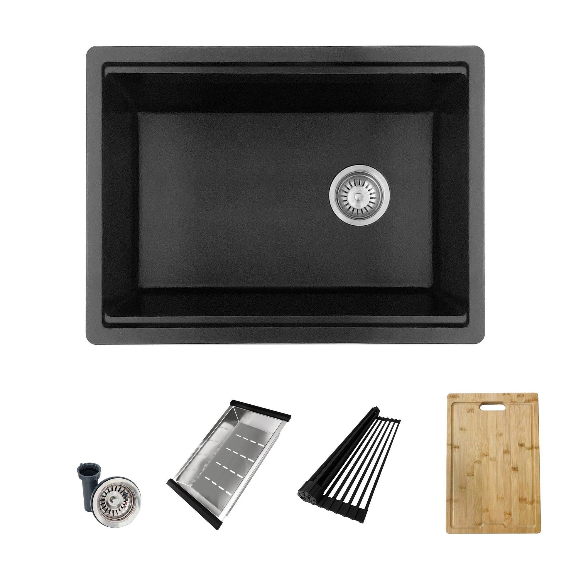 Stylish Kinbrook 28" x 18" Dual Mount Workstation Single Bowl Black Composite Granite Kitchen Sink with Built in Accessories - Renoz