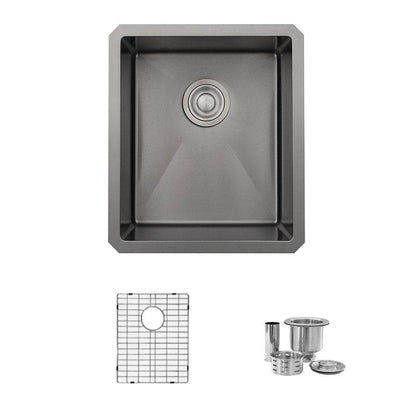 Stylish Lava 16" x 18" Graphite Black Single Bowl Undermount Stainless Steel Kitchen Sink With Grid and Basket Strainer, S-709XN - Renoz