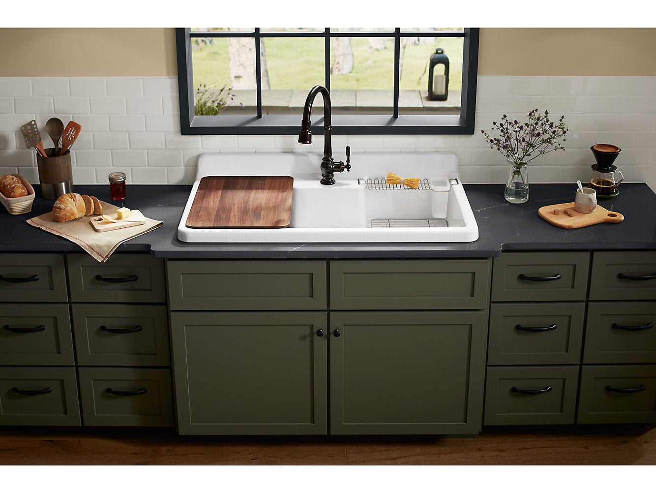 Kohler Farmstead 45" X 25" X 9" Top Mount Wall Mount Workstation Kitchen Sink With Single Faucet Hole Black Underside