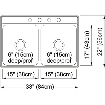 Kindred Creemore 33" x 22" Drop In Double Bowl 4-Hole Stainless Steel Kitchen Sink - Renoz