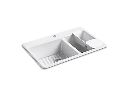 Kohler Riverby 33" X 22" X 9-5/8" Top-Mount Large Medium Double Bowl Workstation Kitchen Sink With Accessories And Single Faucet Hole