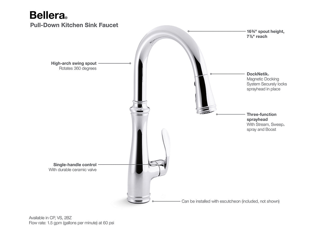 Kohler Bellera Single Hole Or Three Hole Kitchen Sink Faucet With Pull Down 16-3/4" Spout And Right Hand Lever Handle- Chrome