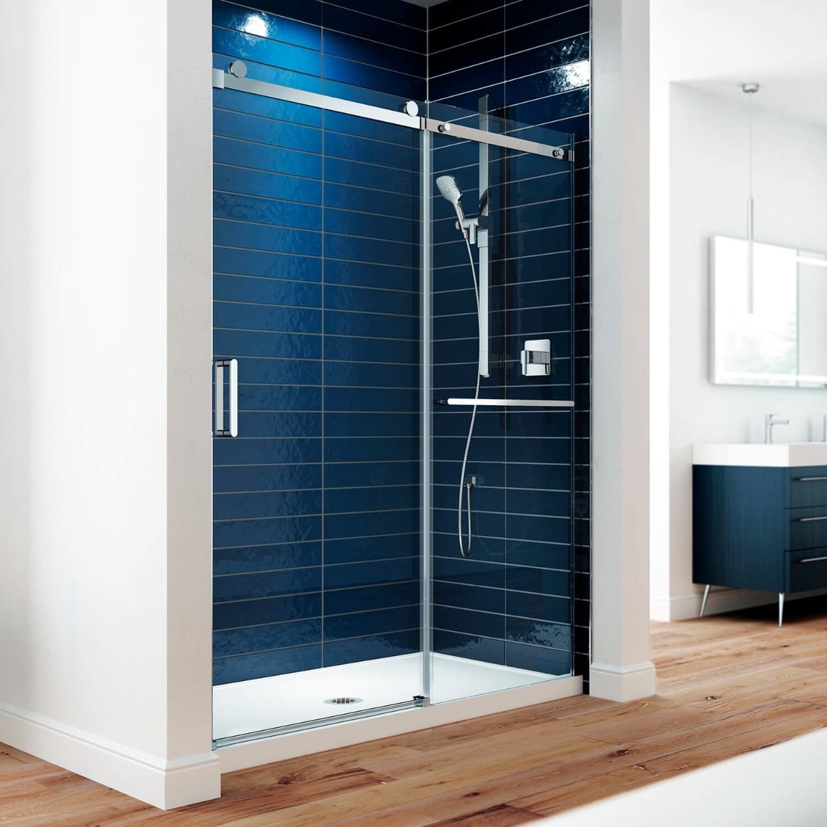 Porte de douche coulissante Kalia SPEC Koncept-II 48" x 77" avec barre à serviettes et verre transparent - Chrome