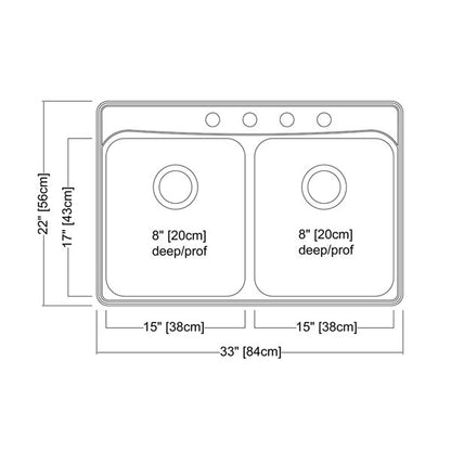 Kindred Creemore 33" x 22" Drop-in Double Bowl 4 Faucet Holes Stainless Steel Kitchen Sink - Renoz