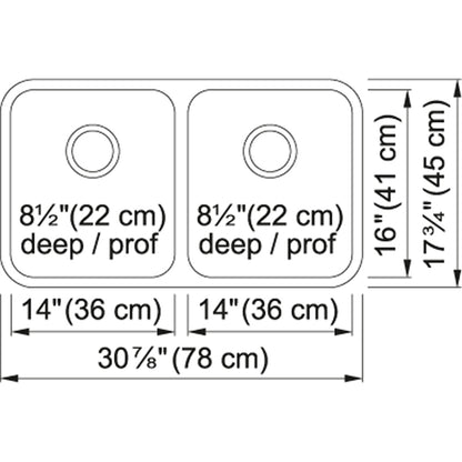 Kindred Reginox 30.87" x 17.75" Undermount Kitchen Sink, Double Bowls 18 Gauge Stainless Steel - Renoz