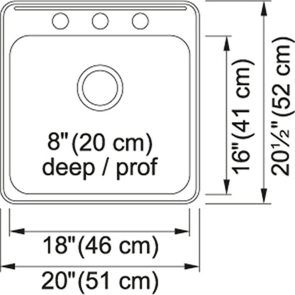 Kindred Steel Queen 20" x 20.5" Stainless Steel 20 Gauge Single Bowl Drop-In 3-Hole Kitchen Sink - Renoz