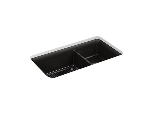 Kohler Cairn 33-1/2" X 18-5/16" X 10-1/8" Neoroc Évier de cuisine à double cuve sous plan grand/moyen avec support - Noir mat