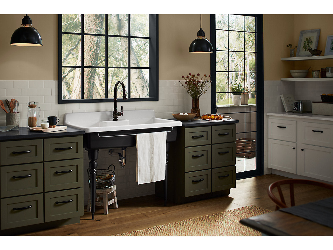 Kohler Farmstead 45" X 25" X 9" Top Mount Wall Mount Workstation Kitchen Sink With Single Faucet Hole Black Underside