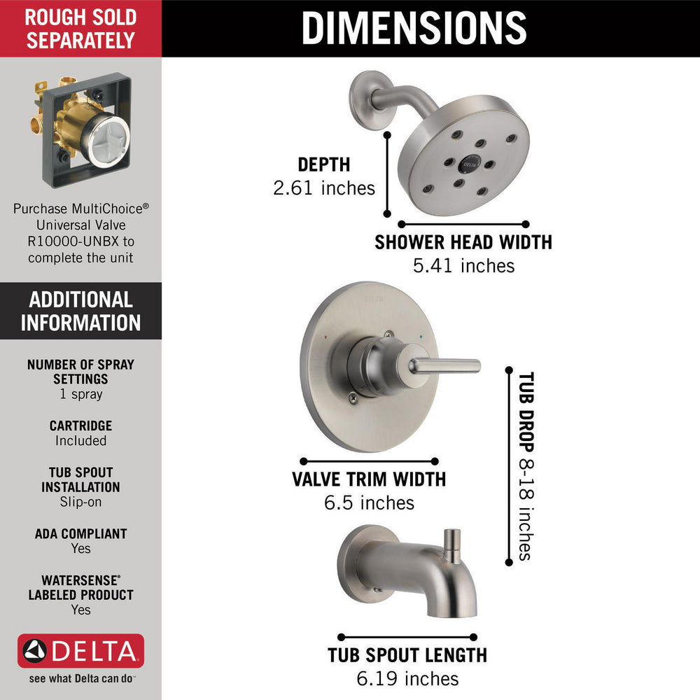 Garniture de baignoire et de douche H2Okinétique Delta TRINSIC Monitor série 14 - Acier inoxydable (valve vendue séparément)