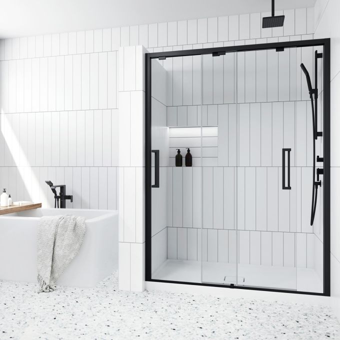 Kalia IKONIK 60" x 79" Bypass Sliding Shower Door With Duraclean Glass Alcove Installation One Mobile Panel With Jambs- Matte Black