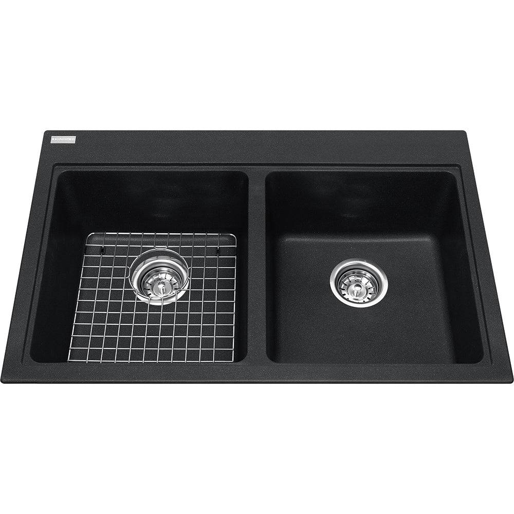 Kindred Mythos 31.56" x 20.5" Double Bowl Drop-in Granite Sink With Bottom Grid and Waste Fittings Onyx - Renoz