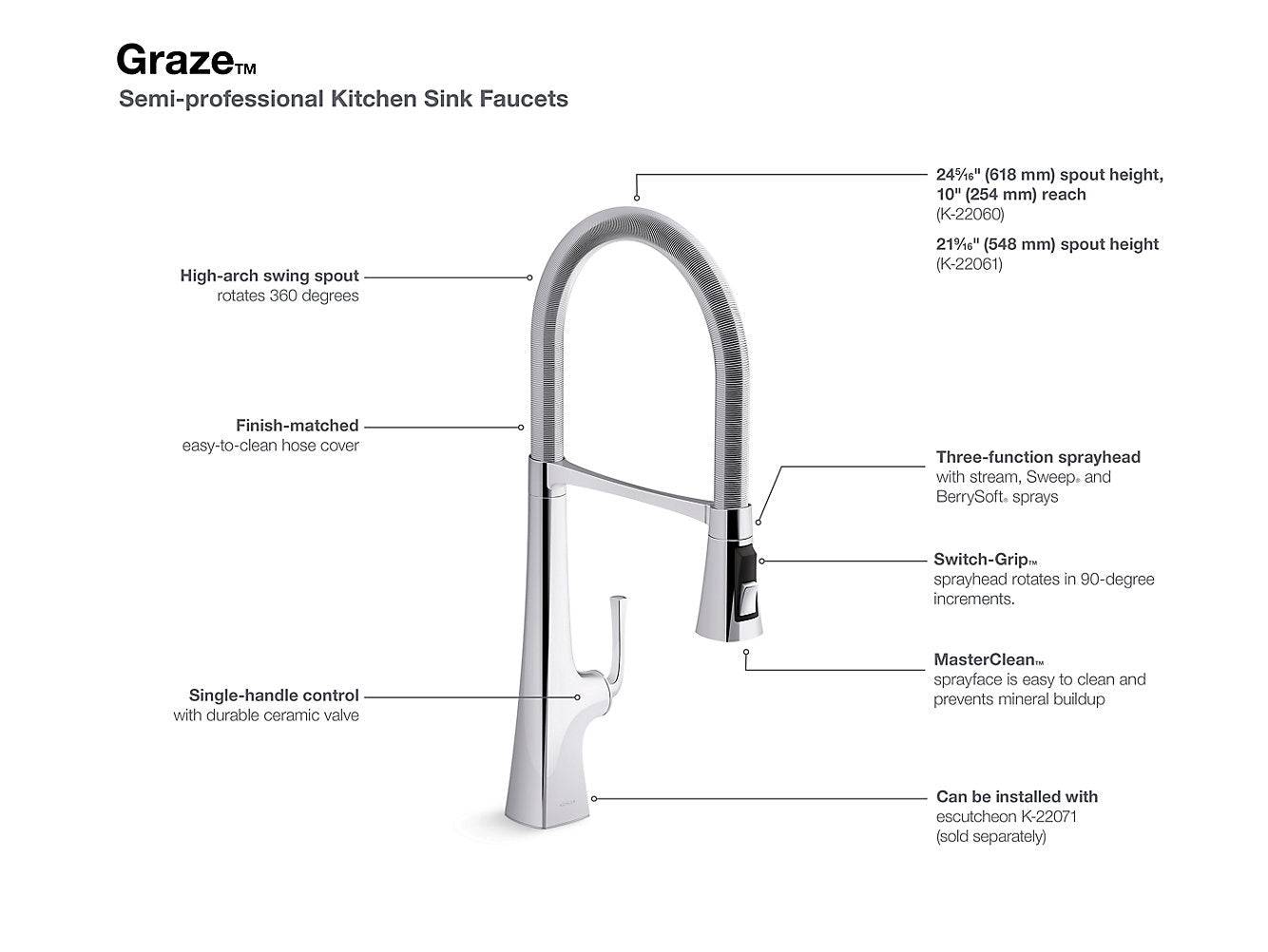 Kohler Graze 24" Single Handle Semi Professional Kitchen Faucet With 24-5/16" Spout Vibrant Brushed Brass - Renoz