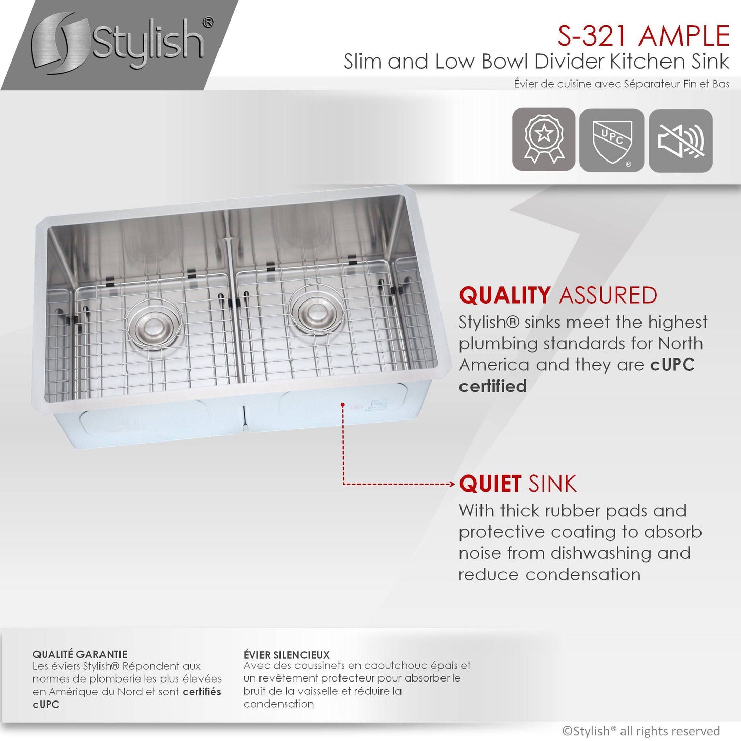 Stylish Ample 32" x 18" Slim Low Divider Double Bowl Undermount Stainless Steel Kitchen Sink S-321XG - Renoz