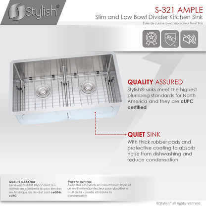 Stylish Ample 32" x 18" Slim Low Divider Double Bowl Undermount Stainless Steel Kitchen Sink S-321XG - Renoz