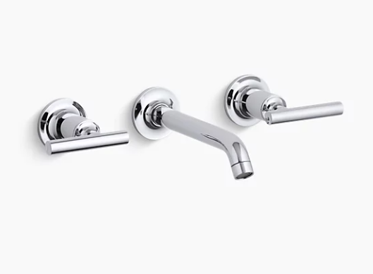 Garniture de robinet de lavabo de salle de bain à fixation murale très répandue Purist de Kohler avec bec de 6 1/4 po et poignées à levier, nécessite une valve - Chrome