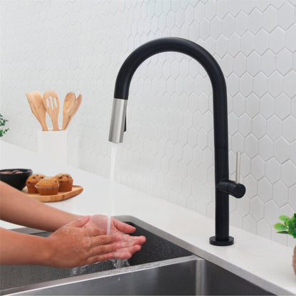 Stylish Catania 17.25" Kitchen Faucet Single Handle Pull Down Dual Mode Lead Free Matte Black with Silver Head and Handle Finish K-141NS - Renoz