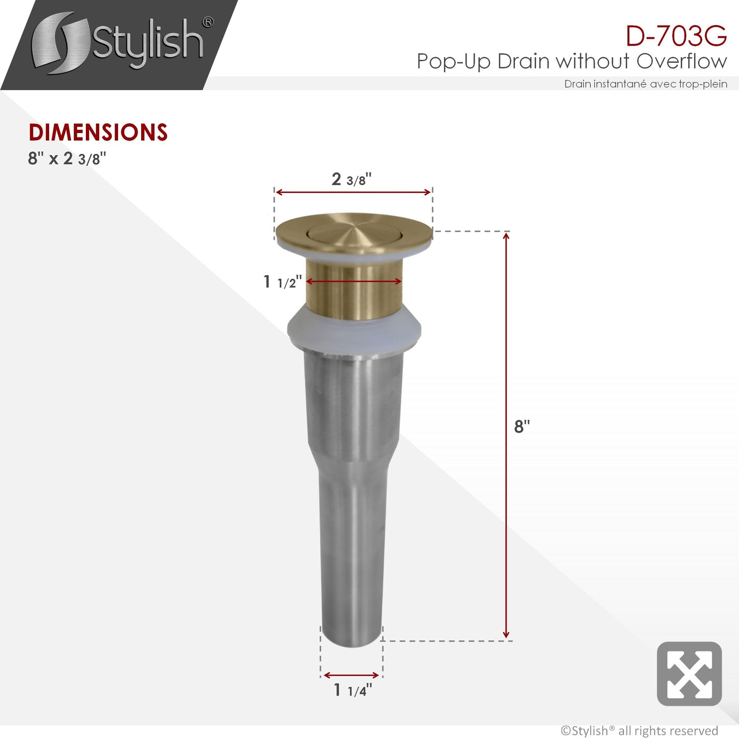 Drain escamotable élégant pour lavabo de salle de bains en acier inoxydable, sans trop-plein, finition or brossé D-703G