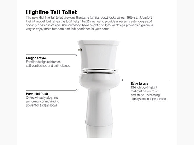 Kohler Highline Toilette allongée en deux pièces de 1,28 gpf, hauteur de siège de 19 po (siège vendu séparément)