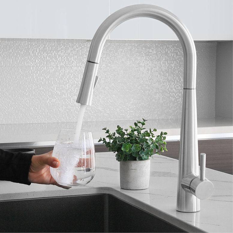 Stylish Siena Kitchen Faucet Single Handle Pull Down Dual Mode Stainless Steel Polished Chrome Finish K-135C - Renoz