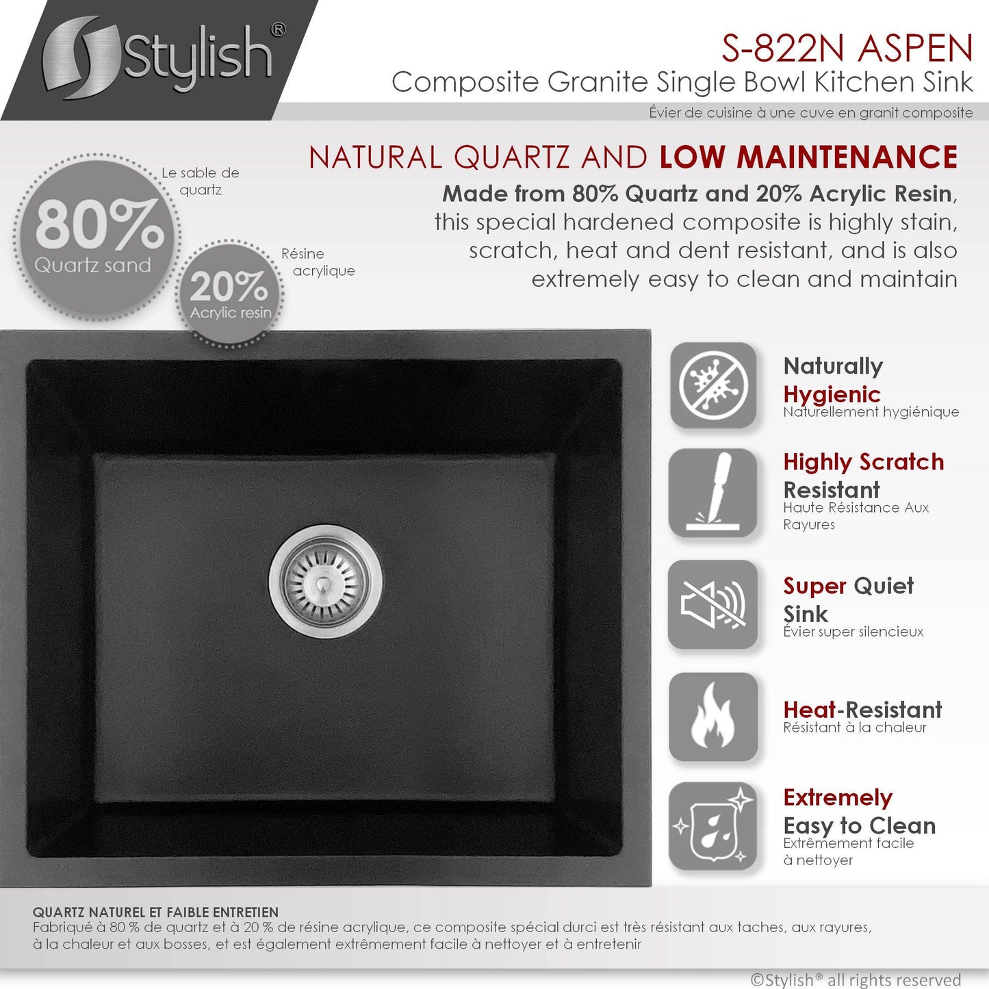 Stylish Aspen 22" x 17.5" Dual Mount Single Bowl Black Composite Granite Kitchen Sink with Strainer - Renoz