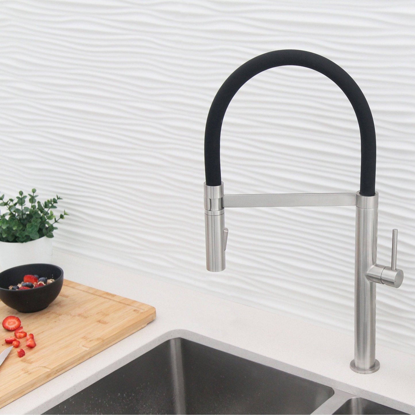 Stylish Carpi 20" Stainless Steel Single Handle Pull Out Dual Mode Kitchen Faucet with Black Spout Hose K-140S - Renoz