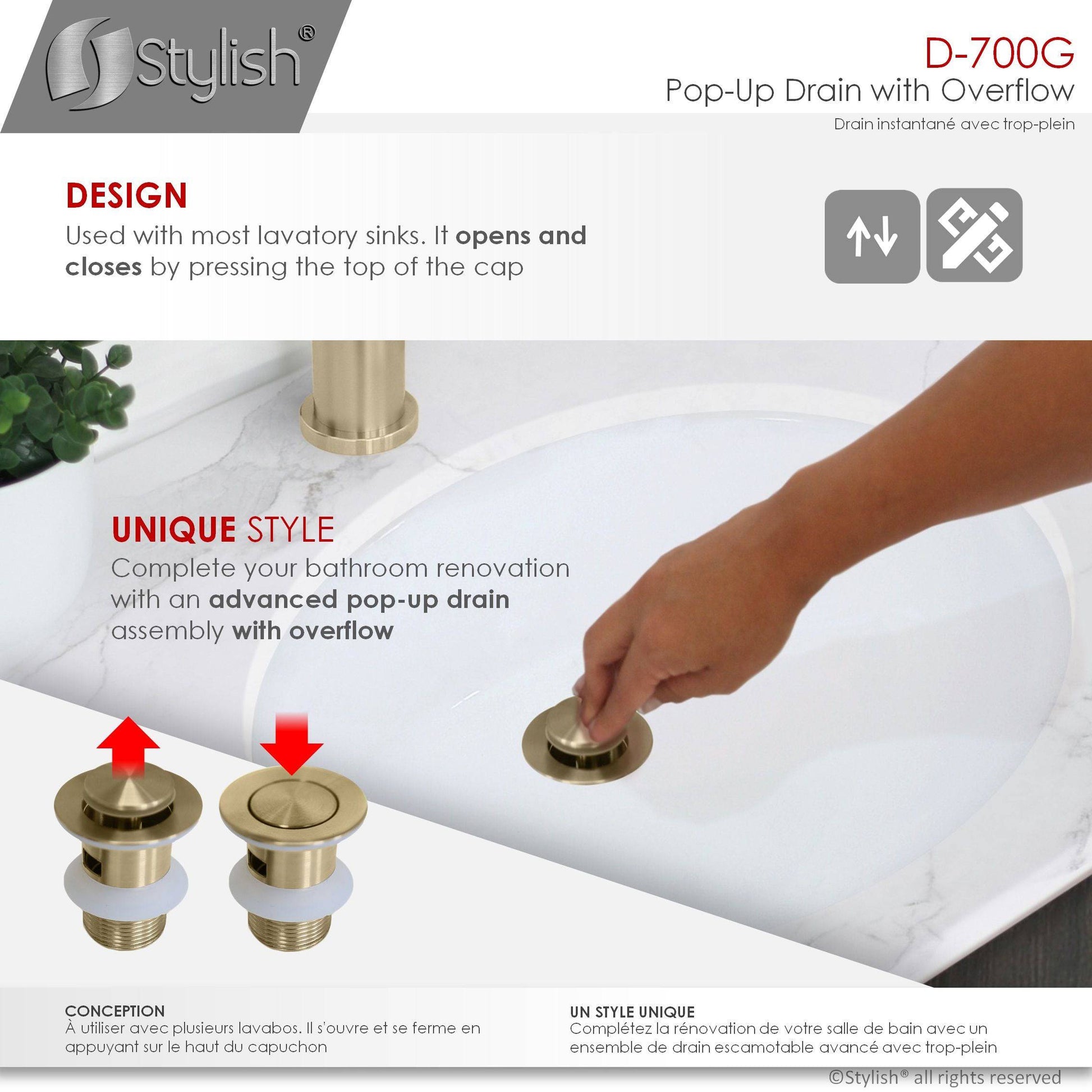 Stylish Stainless Steel Bathroom Sink Pop-Up Drain with Overflow D-700G - Renoz