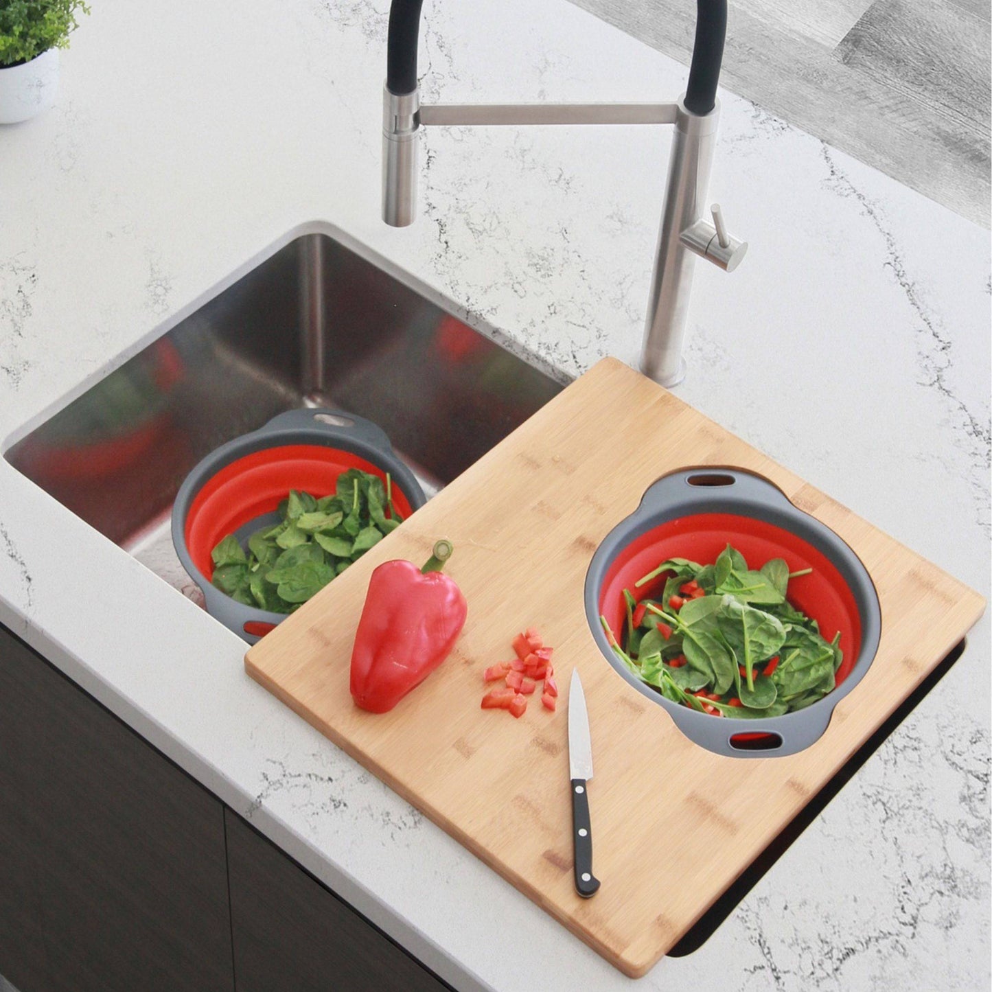 Stylish 16" Over The Sink Large Cutting Board With Colander Set A-907 - Renoz