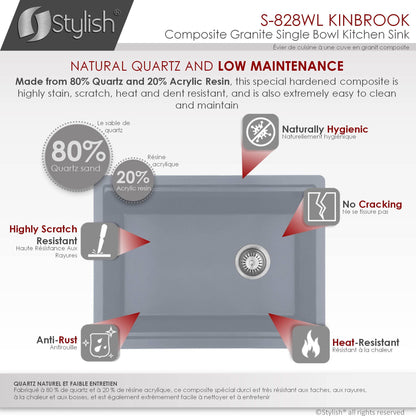 Stylish Kinbrook 28" x 18" Dual Mount Workstation Single Bowl Gray Composite Granite Kitchen Sink with Built in Accessories - Renoz