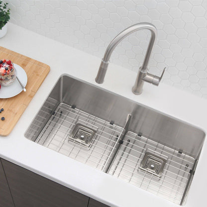 Stylish Spazio 33" x 18" Slim Low Divider Double Bowl Undermount Stainless Steel Kitchen Sink S-501XG - Renoz