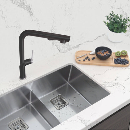 Stylish Latina 13" Kitchen Faucet Single Handle Pull Down Dual Mode Stainless Steel Matte Black with Silver Base and Handle Finish K-146NS - Renoz