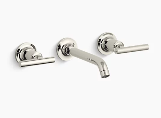 Garniture de robinet de lavabo de salle de bain à fixation murale très répandue Purist de Kohler avec bec de 6 1/4 po et poignées à levier, nécessite une valve - Nickel poli