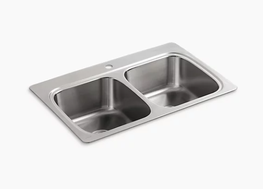 Kohler Évier de cuisine à cuve double égale 33 po x 22 po x 9-1/4 po à montage sur le dessus avec trou de robinet unique Verse