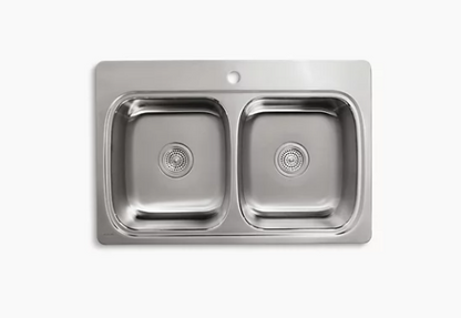 Kohler Évier de cuisine à cuve double égale 33 po x 22 po x 9-1/4 po à montage sur le dessus avec trou de robinet unique Verse