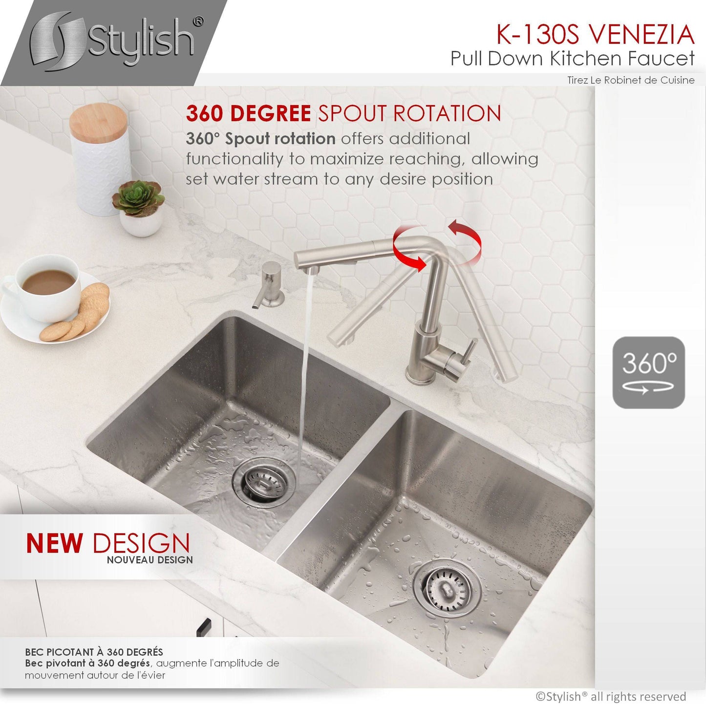 Stylish Venezia 12" Kitchen Faucet Single Handle Pull Down Dual Mode Stainless Steel, Brushed Finish K-130S - Renoz