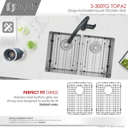 Stylish TOPAZ 28" x 18" Dual Mount Double Bowl Kitchen Sink, 18 Gauge Stainless Steel with Grids and Basket Strainers, S-300TG