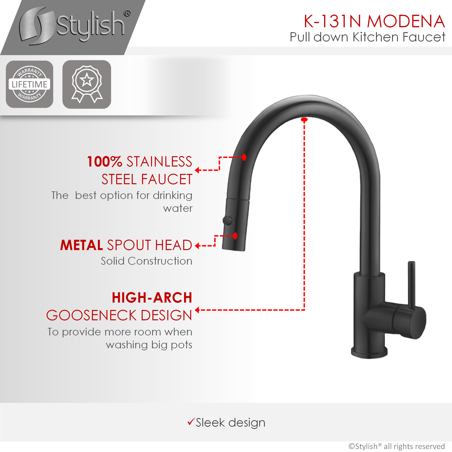 Stylish Modena 14" Kitchen Faucet Single Handle Pull Down Dual Mode Stainless Steel Matte Black Finish K-131N - Renoz