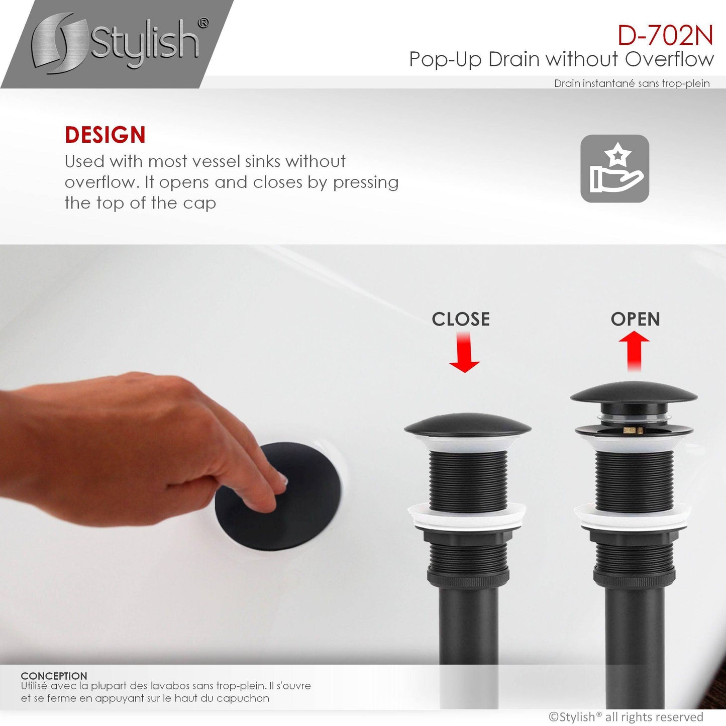 Stylish Pop-Up Drain with Overflow D-702N - Renoz