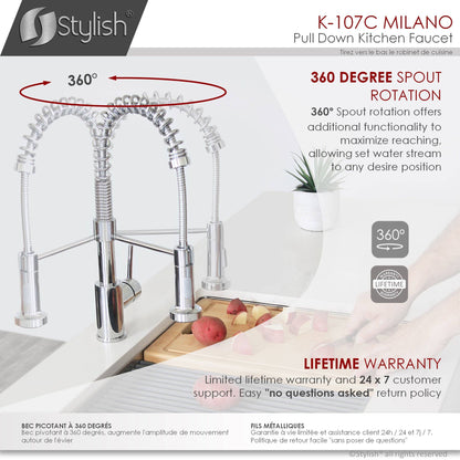 Stylish Milano 17.5" Kitchen Faucet Single Handle Pull Down Dual Mode Lead Free Polished Chrome Finish - Renoz