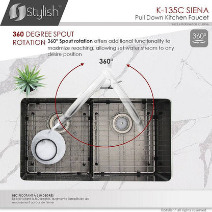 Stylish Siena Kitchen Faucet Single Handle Pull Down Dual Mode Stainless Steel Polished Chrome Finish K-135C - Renoz