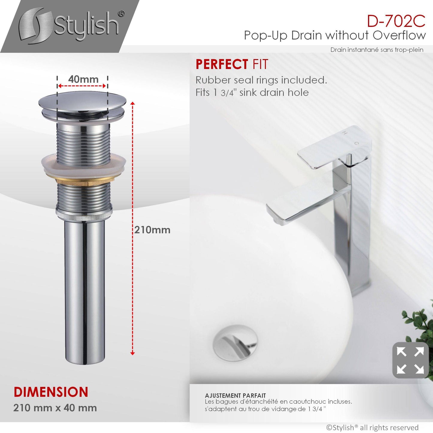 Stylish Pop-Up Drain with Overflow D-702C - Renoz