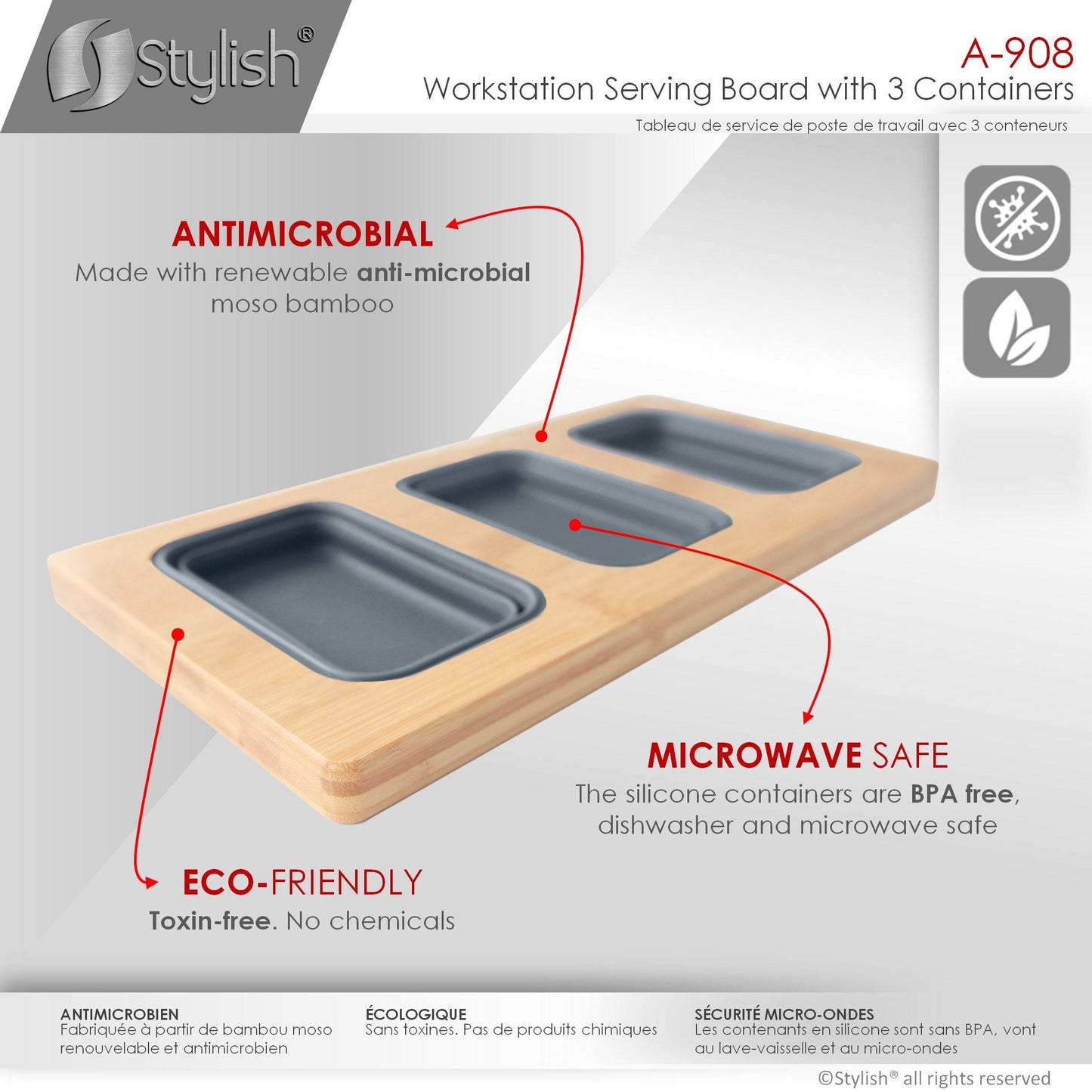 Stylish 18" Over The Sink Serving Board With 3 Containers A-910 - Renoz