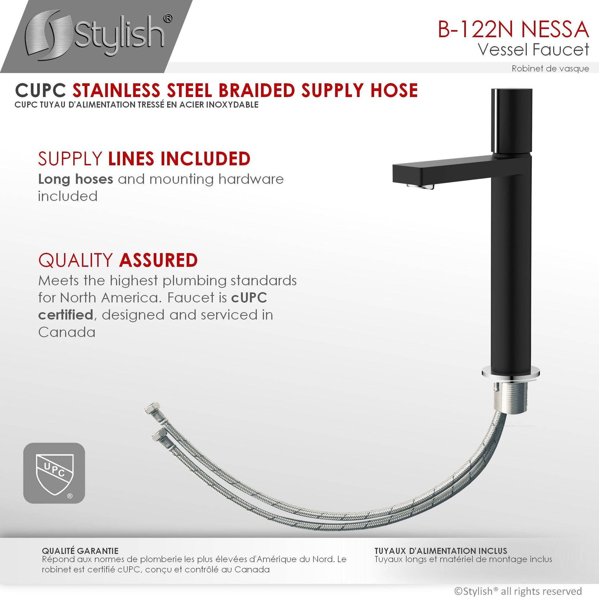 Stylish Nessa Single Handle 12" Bathroom Vessel Sink Faucet, Matte Black Finish B-122NC - Renoz