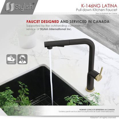 Stylish Latina 13" Kitchen Faucet Single Handle Pull Down Dual Mode Stainless Steel Matte Black with Gold Base and Handle Finish K-146NG - Renoz