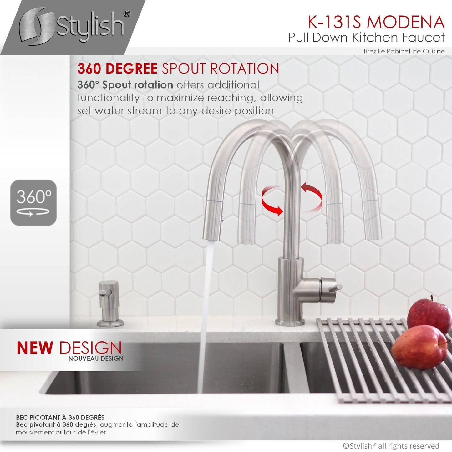 Stylish Modena 14" Kitchen Faucet Single Handle Pull Down Dual Mode Stainless Steel Brushed Finish K-131S - Renoz