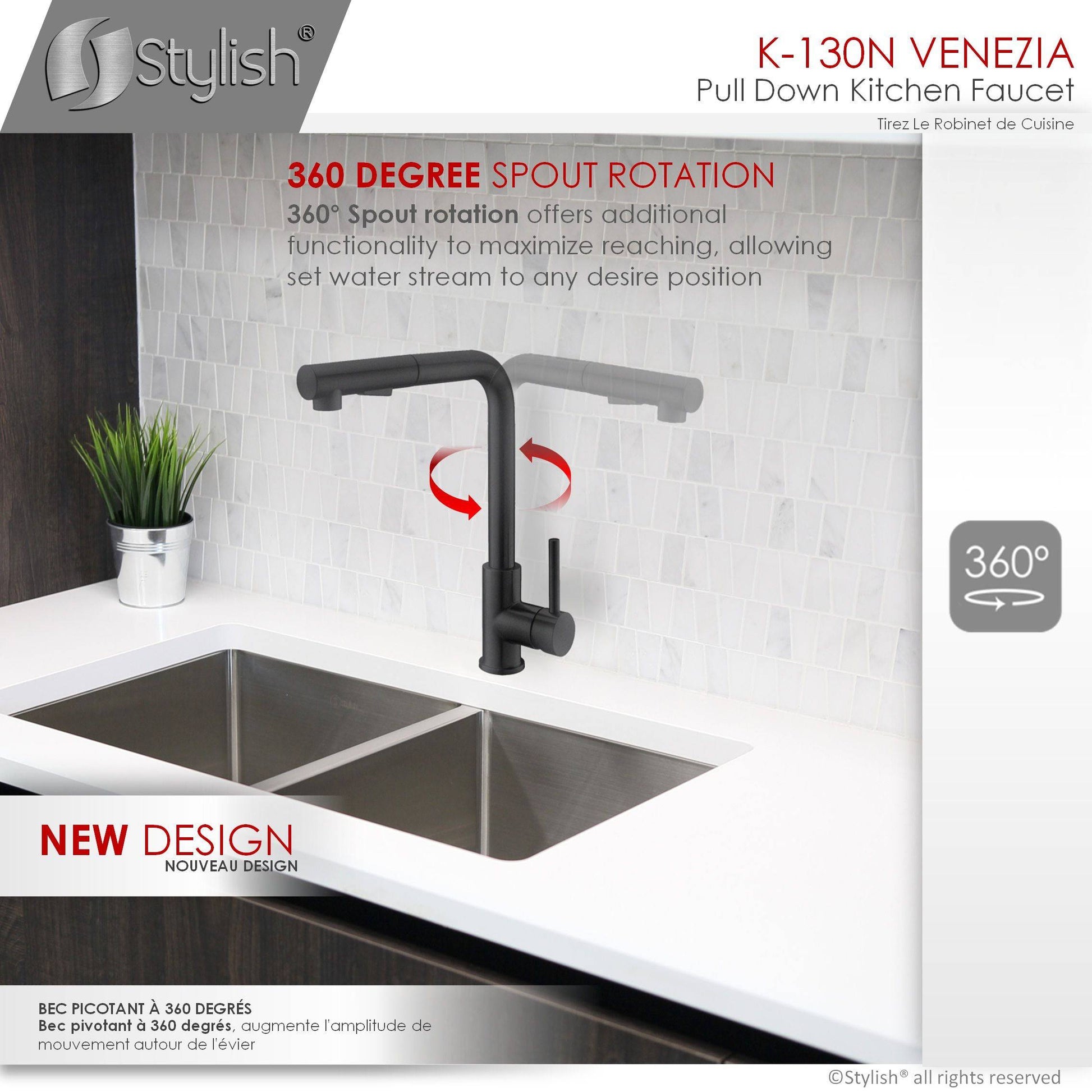 Stylish Venezia 12" Kitchen Faucet Single Handle Pull Down Dual Mode Stainless Steel, Matte Black Finish K-130N - Renoz